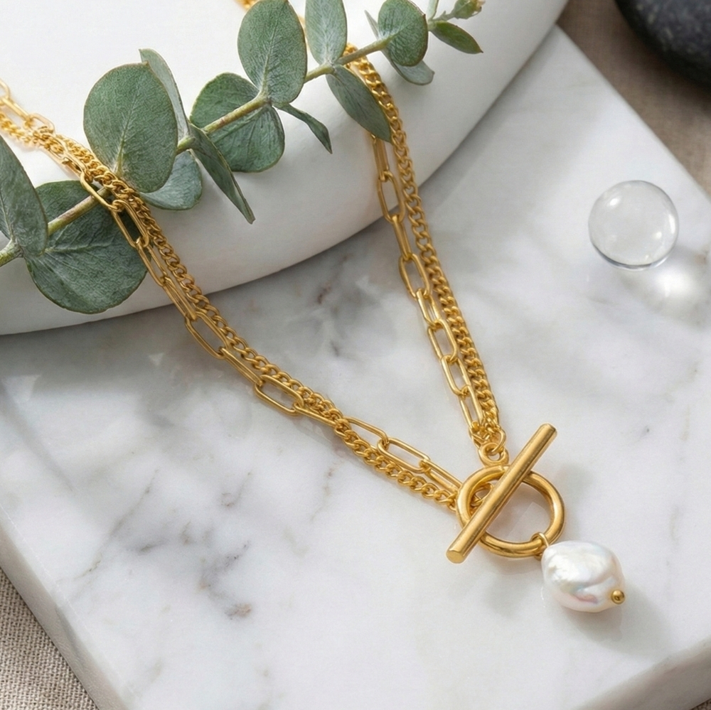 18K Gold Plated Steel Pearl Toggle Necklace Minimalist Water Resistant Gift - Picture 11 of 16